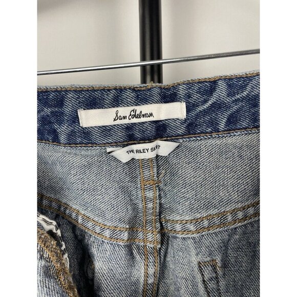 Sam Edelman Medium Blue Wash The Riley Asymmetrical Raw‎ Hem Denim Jean Skirt 29 - Picture 6 of 7